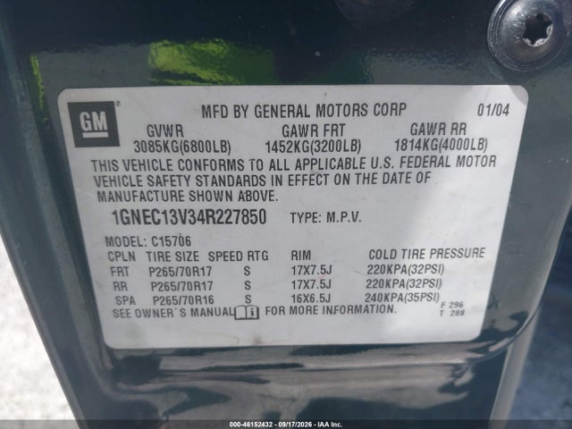 46152432 :رقم المزاد ، 1GNEC13V34R227850 vin ، 2004 Chevrolet Tahoe Ls مزاد بيع