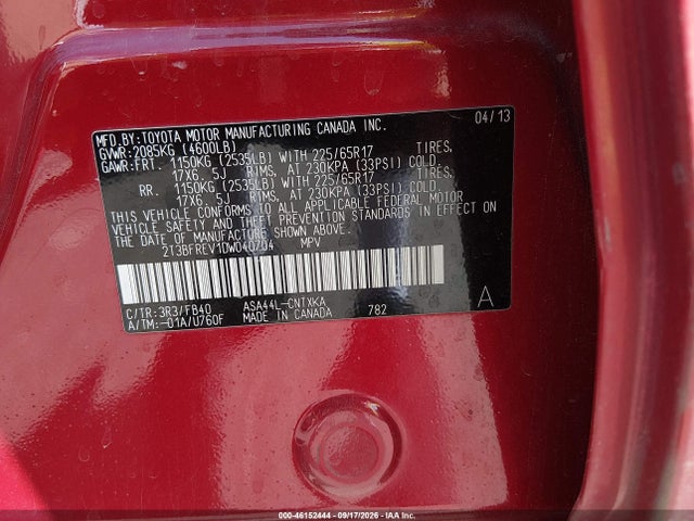 46152444 :رقم المزاد ، 2T3BFREV1DW040704 vin ، 2013 Toyota Rav4 Le مزاد بيع