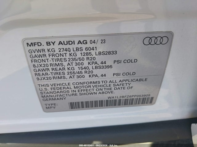 Продаж на аукціоні авто 2023 Audi Q4 E-tron Premium Plus 50 Quattro, vin: WA1L2BFZ6PP053905, номер лоту: 46152451