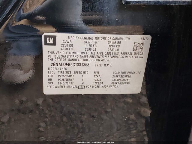 Продажа на аукционе авто 2012 Chevrolet Equinox 1lt, vin: 2GNALDEK5C1331363, номер лота: 46152452