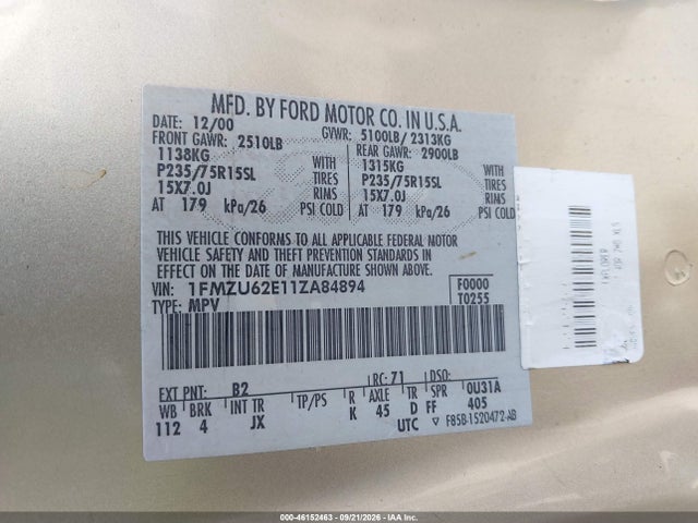 Продажа на аукционе авто 2001 Ford Explorer Xls, vin: 1FMZU62E11ZA84894, номер лота: 46152463