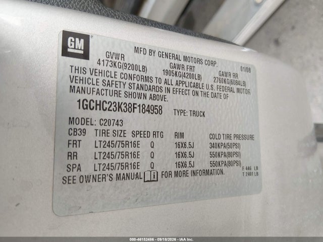 46152486 :رقم المزاد ، 1GCHC23K38F184958 vin ، 2008 Chevrolet Silverado 2500hd Lt1 مزاد بيع