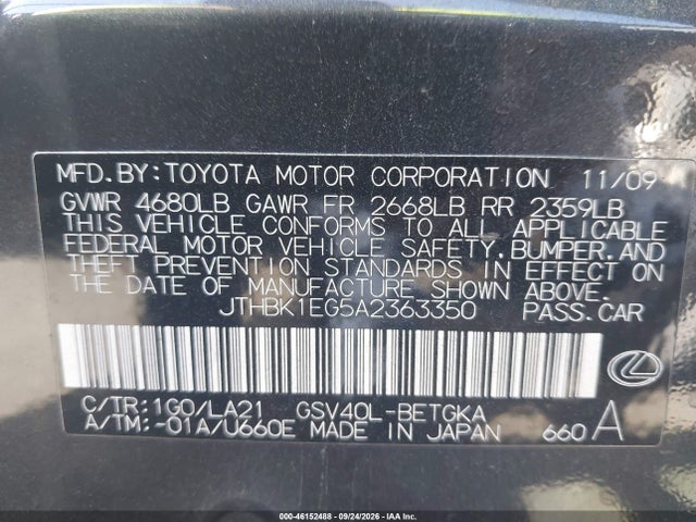 Продаж на аукціоні авто 2010 Lexus Es 350, vin: JTHBK1EG5A2363350, номер лоту: 46152488