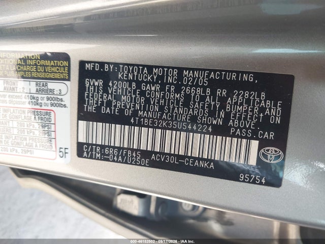 2005 Toyota Camry Le მანქანა იყიდება აუქციონზე, vin: 4T1BE32K35U544224, აუქციონის ნომერი: 46152502