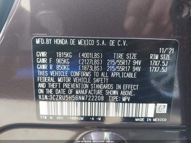 Продажа на аукционе авто 2022 Honda Hr-v 2wd Ex, vin: 3CZRU5H56NM722208, номер лота: 46152505