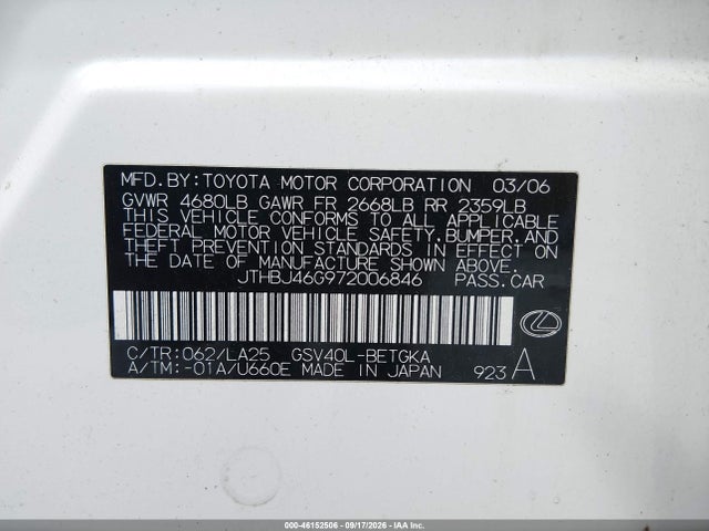 Продажа на аукционе авто 2007 Lexus Es 350, vin: JTHBJ46G972006846, номер лота: 46152506