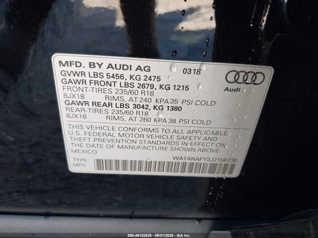Aukcja sprzedaży 2018 Audi Q5 2.0t Premium/2.0t Tech Premium, vin: WA1ANAFY2J2156730, numer aukcji: 46152525