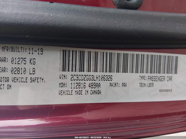 Продажа на аукционе авто 2020 Dodge Challenger Sxt Awd, vin: 2C3CDZGG3LH106326, номер лота: 46152533