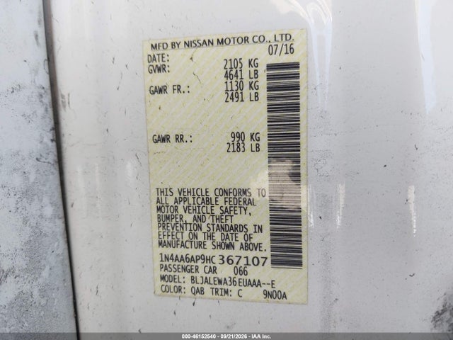 Aukcja sprzedaży 2017 Nissan Maxima 3.5 Sl, vin: 1N4AA6AP9HC367107, numer aukcji: 46152540