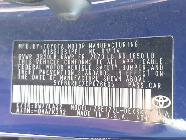 46152546 :رقم المزاد ، 5YFBURHE7EP076605 vin ، 2014 Toyota Corolla S Premium مزاد بيع