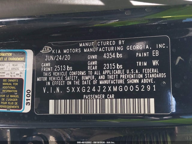 Aukcja sprzedaży 2021 Kia K5 Lx, vin: 5XXG24J2XMG005291, numer aukcji: 46152552