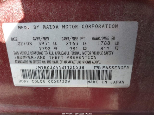 Продаж на аукціоні авто 2008 Mazda Mazda3 S Grand Touring, vin: JM1BK324481120538, номер лоту: 46152557