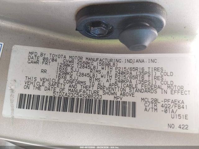Продажа на аукционе авто 2004 Toyota Sienna Le, vin: 5TDZA23C54S208223, номер лота: 46152558