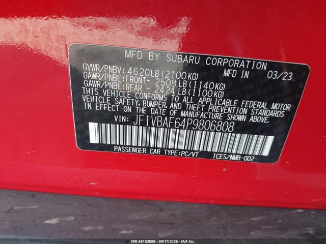 2023 Subaru Wrx Premium მანქანა იყიდება აუქციონზე, vin: JF1VBAF64P9806808, აუქციონის ნომერი: 46152559