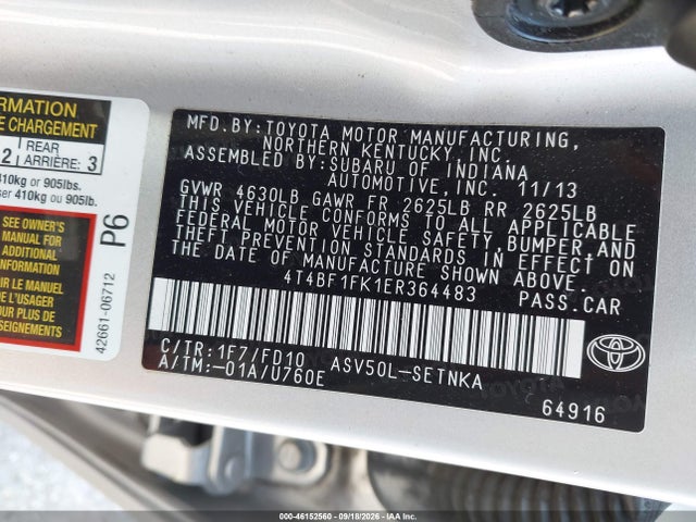 46152560 :رقم المزاد ، 4T4BF1FK1ER364483 vin ، 2014 Toyota Camry Le مزاد بيع