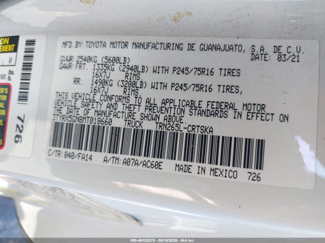 46152570 :رقم المزاد ، 3TYRX5GN8MT018660 vin ، 2021 Toyota Tacoma 2wd Sr مزاد بيع