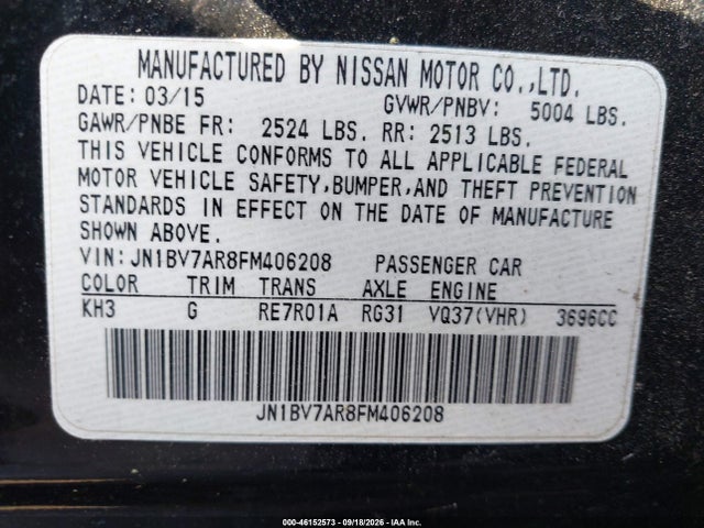 46152573 :رقم المزاد ، JN1BV7AR8FM406208 vin ، 2015 Infiniti Q50 Premium مزاد بيع