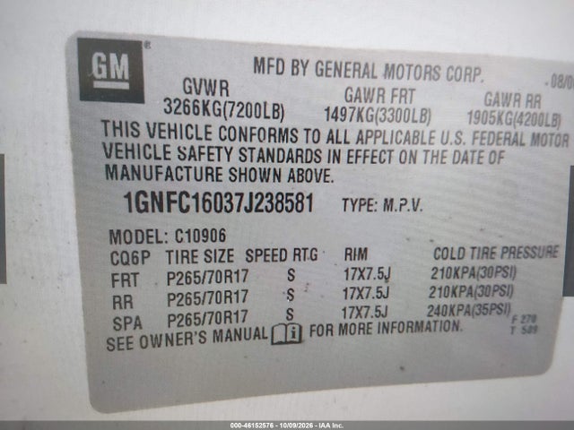 Продаж на аукціоні авто 2007 Chevrolet Suburban 1500 Lt, vin: 1GNFC16037J238581, номер лоту: 46152576