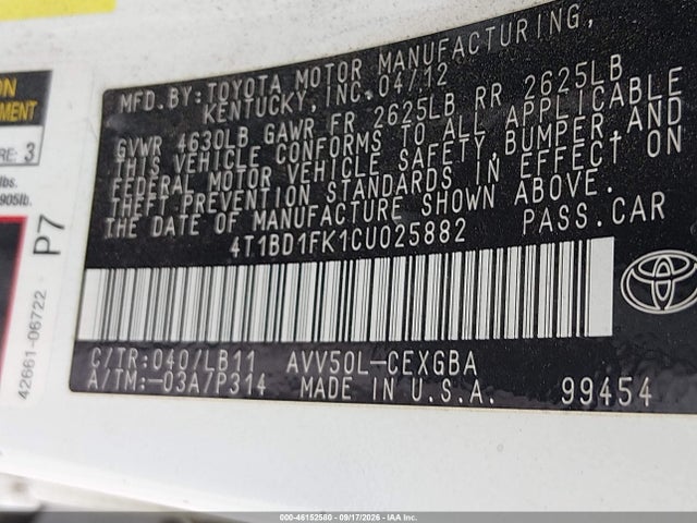 Aukcja sprzedaży 2012 Toyota Camry Hybrid Xle, vin: 4T1BD1FK1CU025882, numer aukcji: 46152580