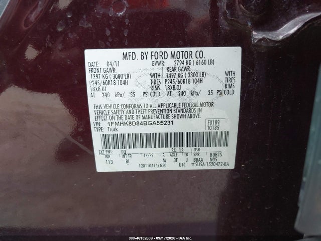 46152609 :رقم المزاد ، 1FMHK8D84BGA55231 vin ، 2011 Ford Explorer Xlt مزاد بيع