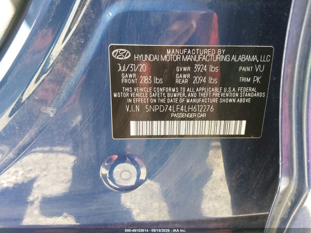 Продажа на аукционе авто 2020 Hyundai Elantra Se, vin: 5NPD74LF4LH612276, номер лота: 46152614