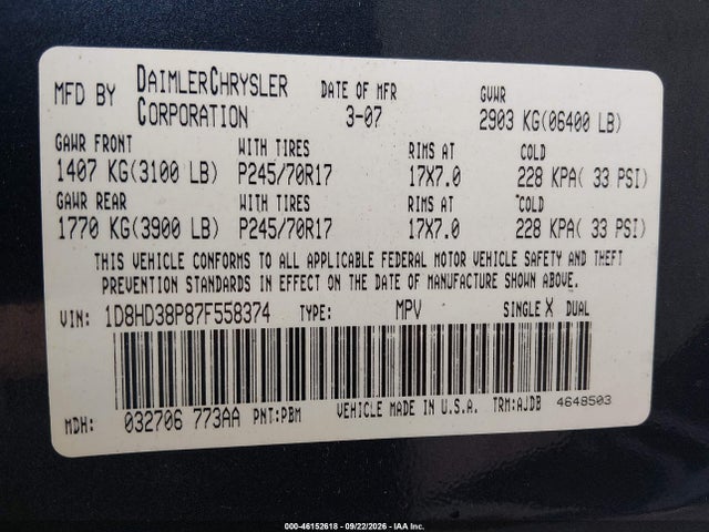 Продаж на аукціоні авто 2007 Dodge Durango Sxt, vin: 1D8HD38P87F558374, номер лоту: 46152618