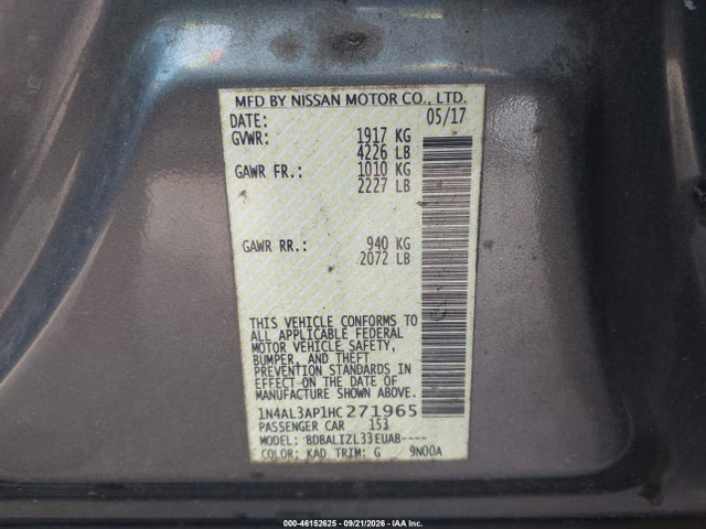 Aukcja sprzedaży 2017 Nissan Altima 2.5 Sv, vin: 1N4AL3AP1HC271965, numer aukcji: 46152625