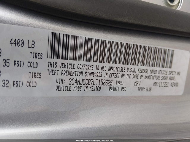 46152628 :رقم المزاد ، 3C4NJCCB7LT152625 vin ، 2020 Jeep Compass Limited Fwd مزاد بيع