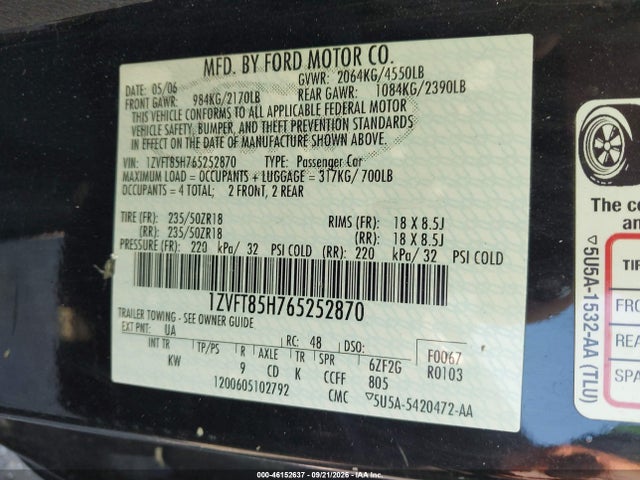 Продажа на аукционе авто 2006 Ford Mustang Gt, vin: 1ZVFT85H765252870, номер лота: 46152637