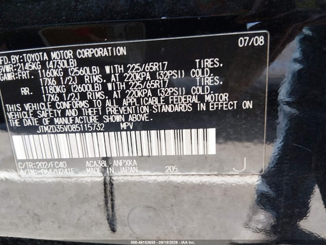 46152658 :رقم المزاد ، JTMZD35V085115732 vin ، 2008 Toyota Rav4 مزاد بيع