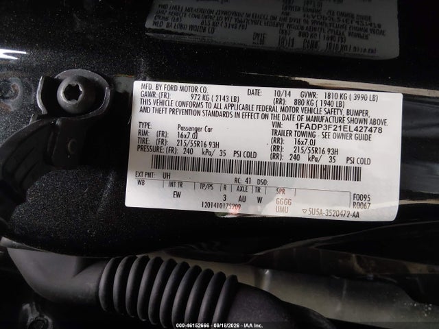 46152666 :رقم المزاد ، 1FADP3F21EL427478 vin ، 2014 Ford Focus Se مزاد بيع