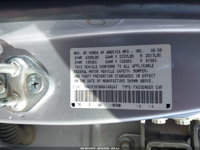 Продажа на аукционе авто 2008 Honda Accord 2.4 Lx, vin: 1HGCP26388A148247, номер лота: 46152678