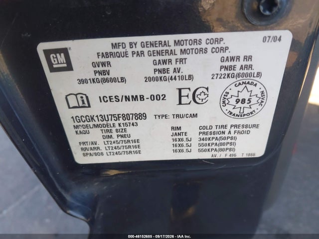 46152685 :رقم المزاد ، 1GCGK13U75F807889 vin ، 2005 Chevrolet Silverado 1500hd Ls/lt مزاد بيع