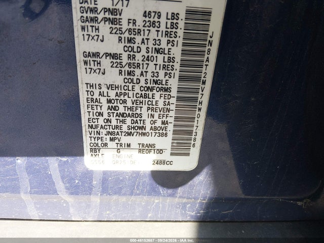 2017 Nissan Rogue Sv მანქანა იყიდება აუქციონზე, vin: JN8AT2MV7HW017386, აუქციონის ნომერი: 46152687