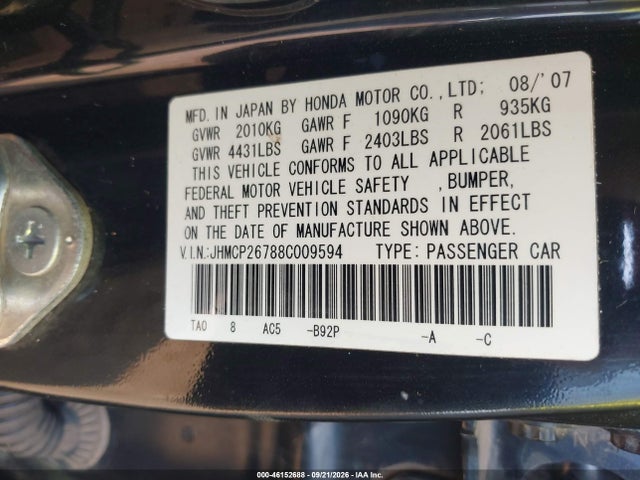 Продаж на аукціоні авто 2008 Honda Accord 2.4 Ex, vin: JHMCP26788C009594, номер лоту: 46152688