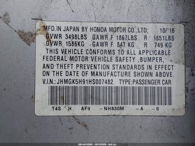 Aukcja sprzedaży 2017 Honda Fit Ex-l, vin: JHMGK5H91HS007482, numer aukcji: 46152691
