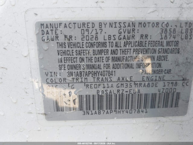 2017 Nissan Sentra Sr მანქანა იყიდება აუქციონზე, vin: 3N1AB7AP9HY407841, აუქციონის ნომერი: 46152706