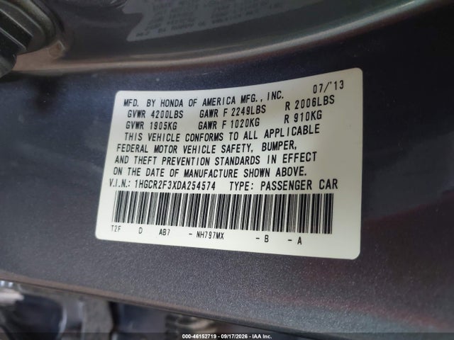 2013 Honda Accord Lx მანქანა იყიდება აუქციონზე, vin: 1HGCR2F3XDA254574, აუქციონის ნომერი: 46152719