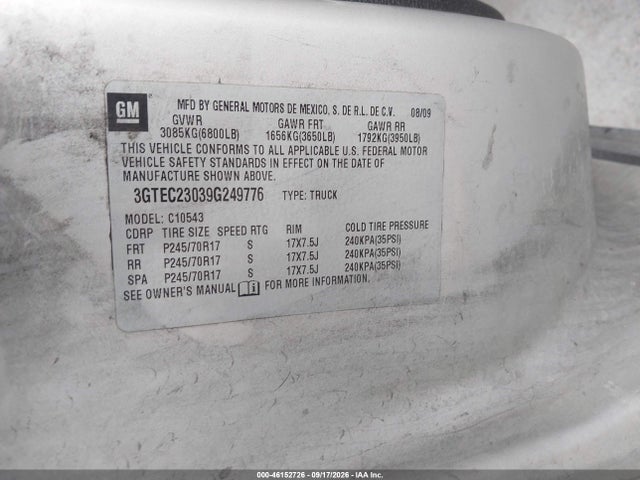 46152726 :رقم المزاد ، 3GTEC23039G249776 vin ، 2009 Gmc Sierra 1500 Sle مزاد بيع