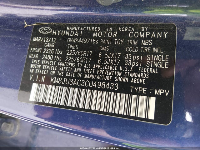 Продажа на аукционе авто 2012 Hyundai Tucson Gls, vin: KM8JU3AC3CU498433, номер лота: 46152728