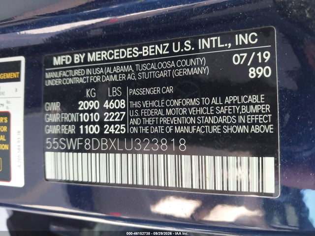 46152738 :رقم المزاد ، 55SWF8DBXLU323818 vin ، 2020 Mercedes-benz C 300 مزاد بيع