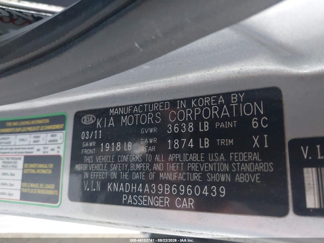 46152741 :رقم المزاد ، KNADH4A39B6960439 vin ، 2011 Kia Rio Lx مزاد بيع