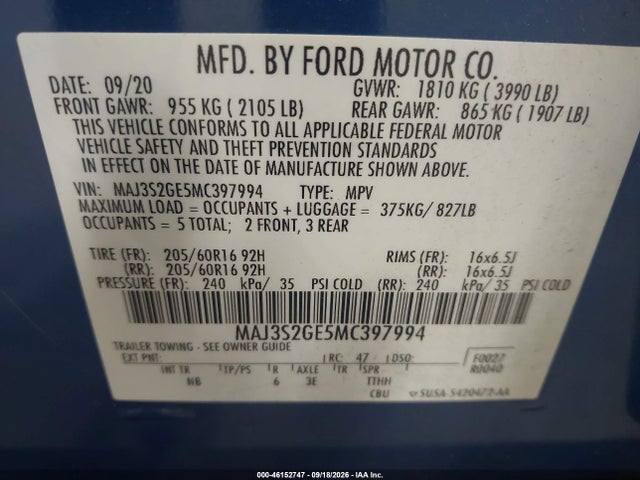 Aukcja sprzedaży 2021 Ford Ecosport Se, vin: MAJ3S2GE5MC397994, numer aukcji: 46152747