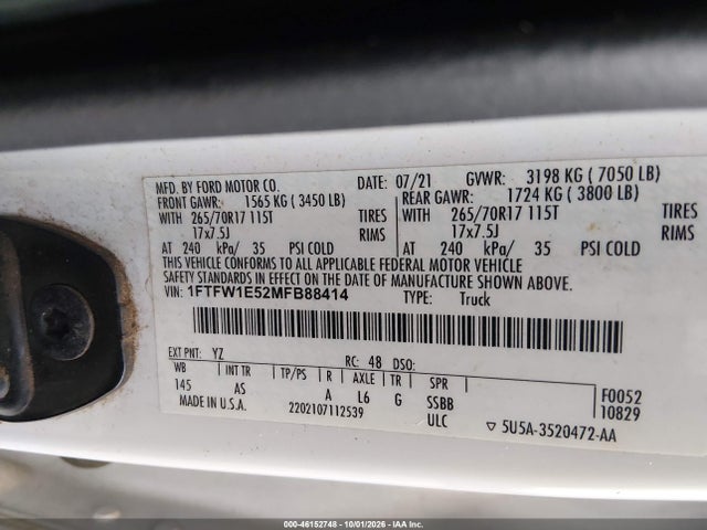 46152748 :رقم المزاد ، 1FTFW1E52MFB88414 vin ، 2021 Ford F-150 Xl مزاد بيع