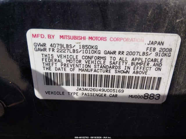 46152763 :رقم المزاد ، JA3AU26U49U005169 vin ، 2009 Mitsubishi Lancer Es/es-sport مزاد بيع