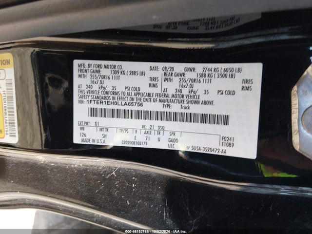 Продаж на аукціоні авто 2020 Ford Ranger Xl, vin: 1FTER1EH0LLA65756, номер лоту: 46152768