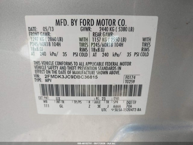 46152781 :رقم المزاد ، 2FMDK3JC9DBC36815 vin ، 2013 Ford Edge Sel مزاد بيع
