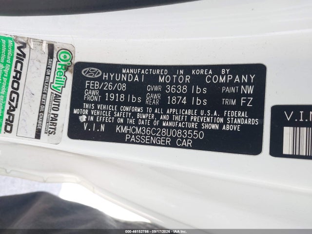 Aukcja sprzedaży 2008 Hyundai Accent Gs, vin: KMHCM36C28U083550, numer aukcji: 46152786