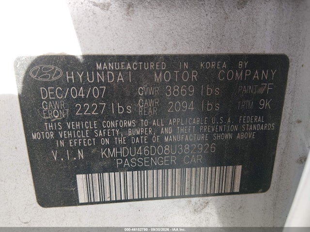 Продажа на аукционе авто 2008 Hyundai Elantra Gls/se, vin: KMHDU46D08U382926, номер лота: 46152790