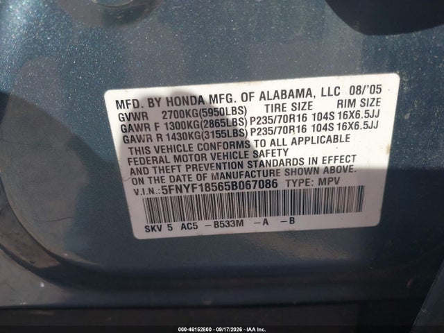 Продажа на аукционе авто 2005 Honda Pilot Ex-l, vin: 5FNYF18565B067086, номер лота: 46152800
